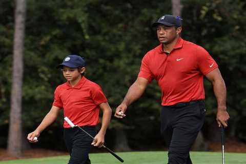 Tiger Woods and son Charlie dress in matching ‘Sunday Red’ – and hit ELEVEN birdies in a row on..