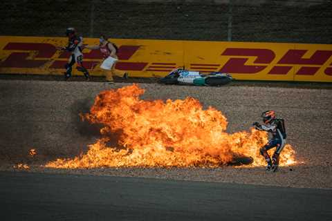 Horror mass Moto2 crash sees bike burst into fireball as riders run away from blaze with debris..