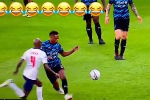 Watch Man Utd legend Patrice Evra miss ball and wipe out Mo Farah leaving Rio Ferdinand in..