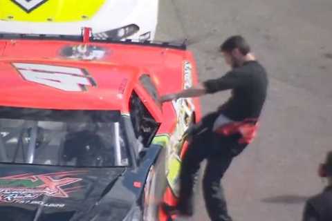 Watch furious driver repeatedly punch rival through the car window as angry row in NASCAR race..