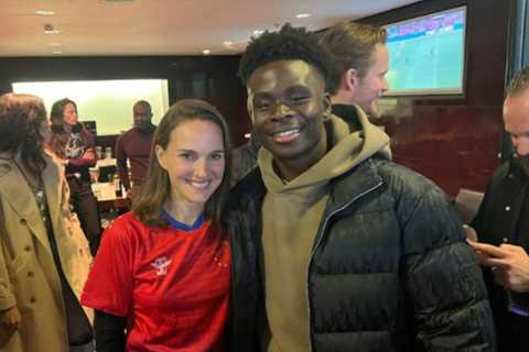 Arsenal star Bukayo Saka beams as he meets Natalie Portman at Wembley after watching England..