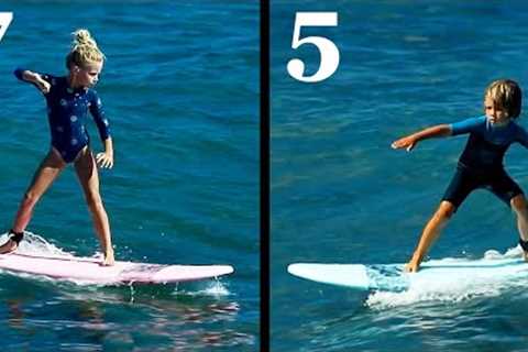 HOW WE LEARNED TO SURF! Surf School Part 2. The Ultimate Surf Routine in Hawaii. 7 and 5 yrs old.