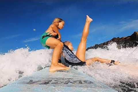 Little Brother SAVES Big Sister! Surf and Swim Lessons Routine in Hawaii.