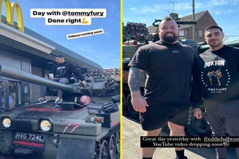 Eddie Hall and Tommy Fury take tank through McDonald’s drive-through