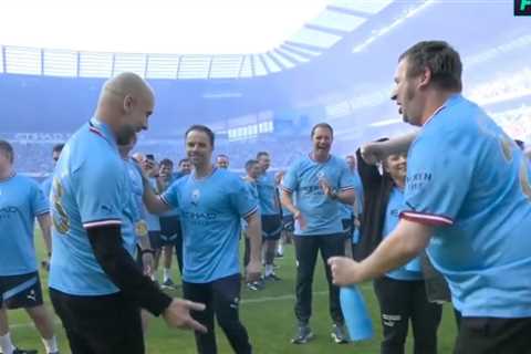 Watch Man City boss Pep Guardiola bust out his dance moves as he celebrates Premier League title..