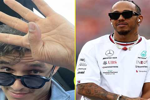 Lando Norris celebrates moving up place with four-fingered gesture as Lewis Hamilton is demoted at..