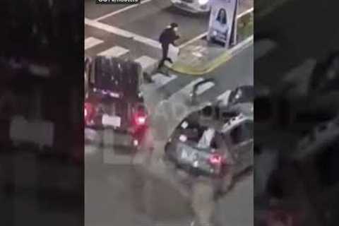 Woman narrowly avoids being hit by crashing cars #shorts