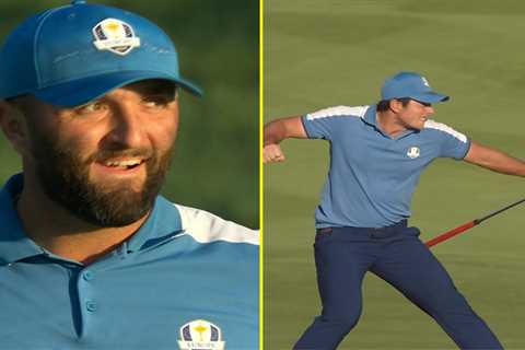 Jon Rahm in disbelief and Viktor Hovland fist bumps as clutch Team Europe duo deny USA Ryder Cup..