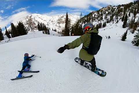 Dad Saves His Little Girl! Ski Lessons and Snowboard Routine for Kids and Baby. 8, 6, 3 yrs old.