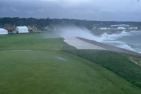 Incredible video shows giant waves flooding golf course at Pebble Beach as final round of Pro-Am is ..